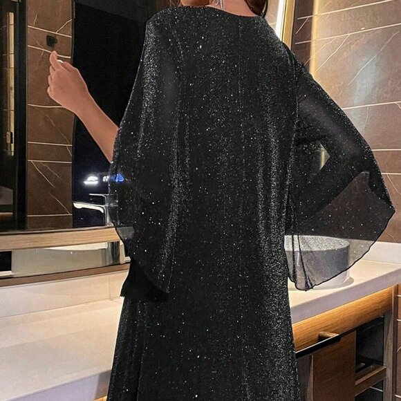 Black Party Women's Cloak Sleeve Glitter Dress - Picture 3 of 8